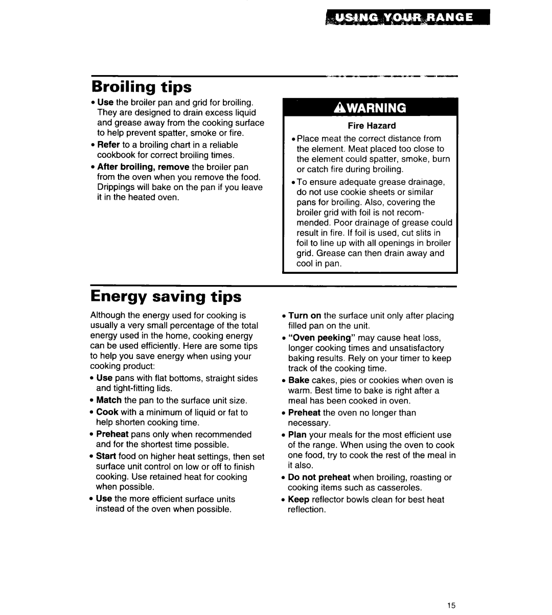 Whirlpool RF310BXY important safety instructions Broiling tips, Energy saving tips 