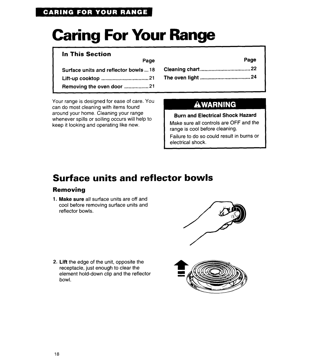 Whirlpool RF310BXY Caring For Your Range, Surface units and reflector bowls, In This Section, Removing 