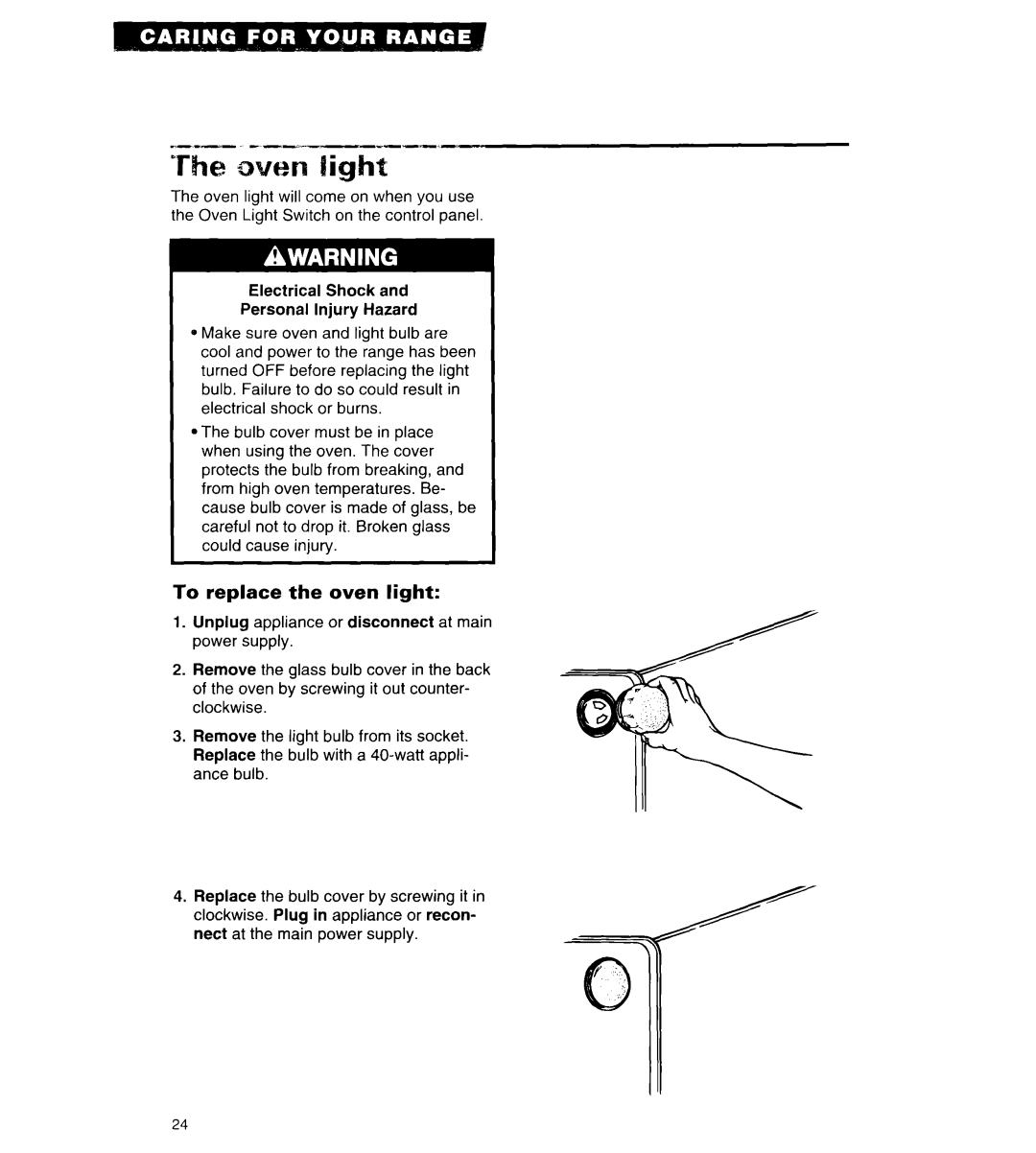 Whirlpool RF310BXY important safety instructions To replace the oven light 