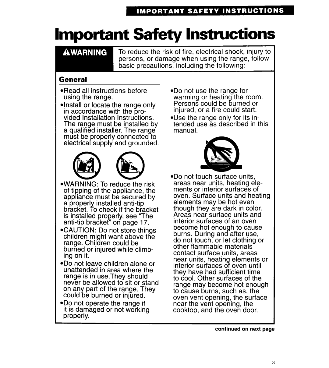 Whirlpool RF310BXY important safety instructions Important Safety Instructions 