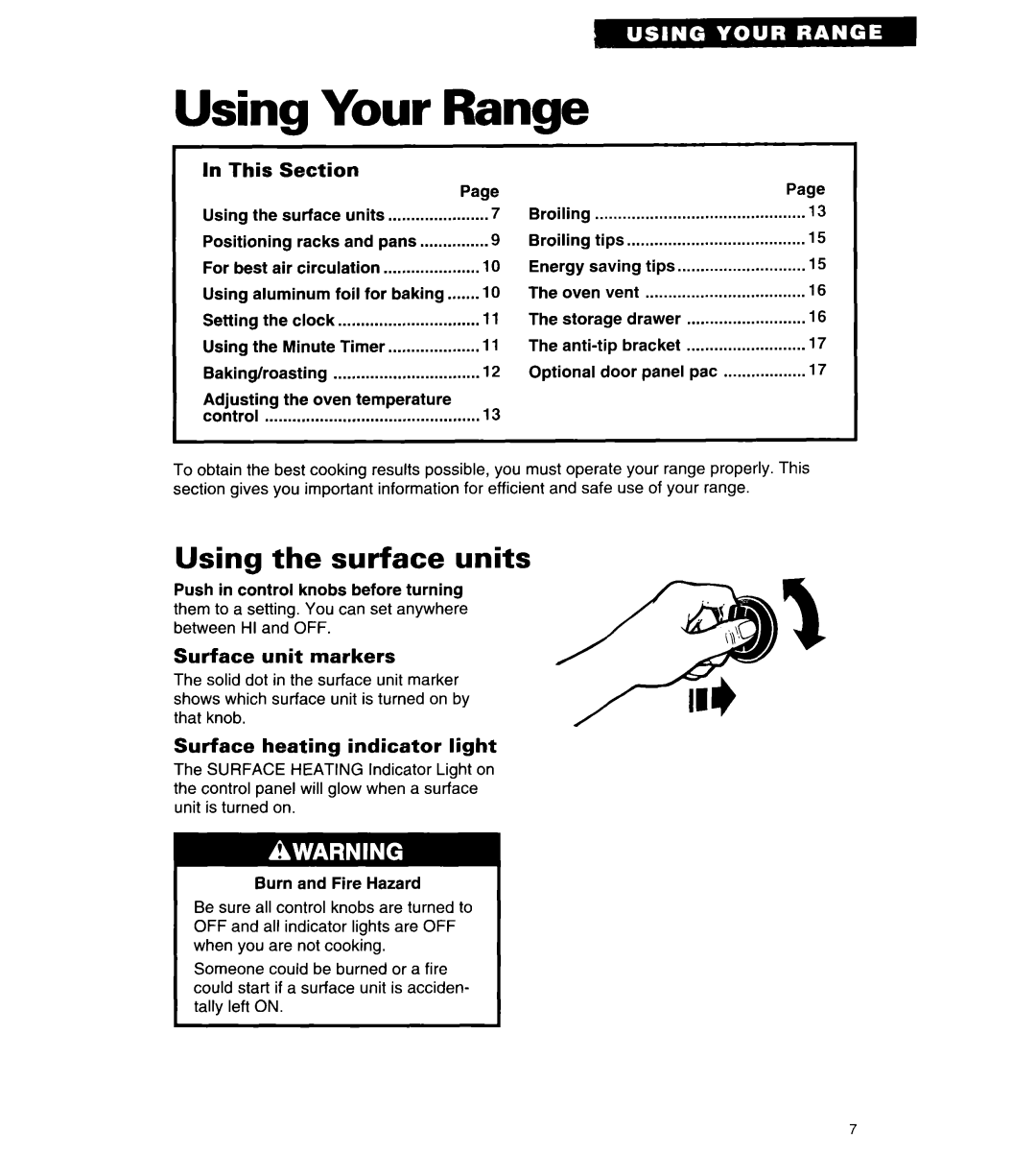 Whirlpool RF310BXY Using Your Range, Using the surface units, This, Section, Surface unit markers 