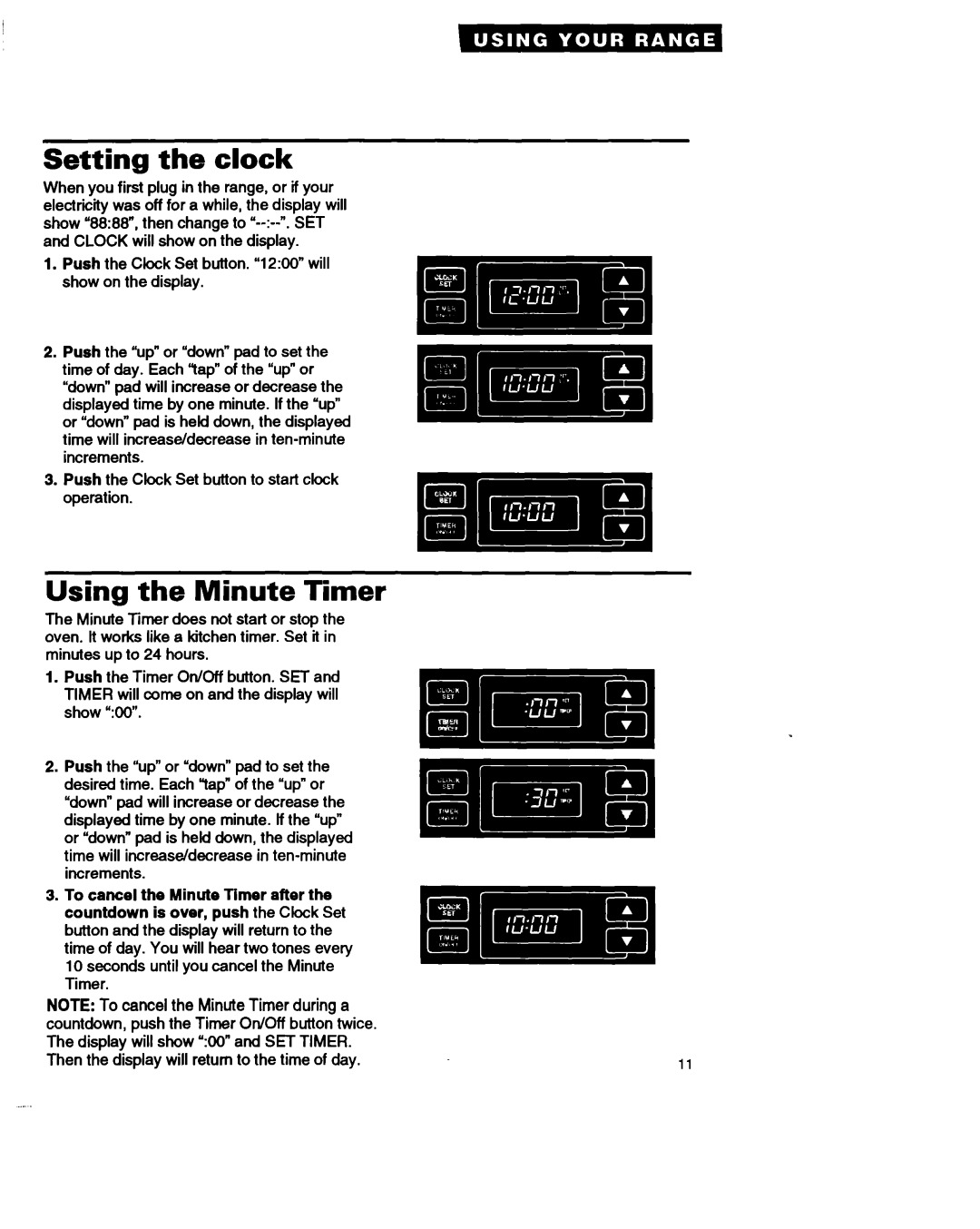 Whirlpool RF310PXA important safety instructions Setting the clock, Using the Minute Timer 