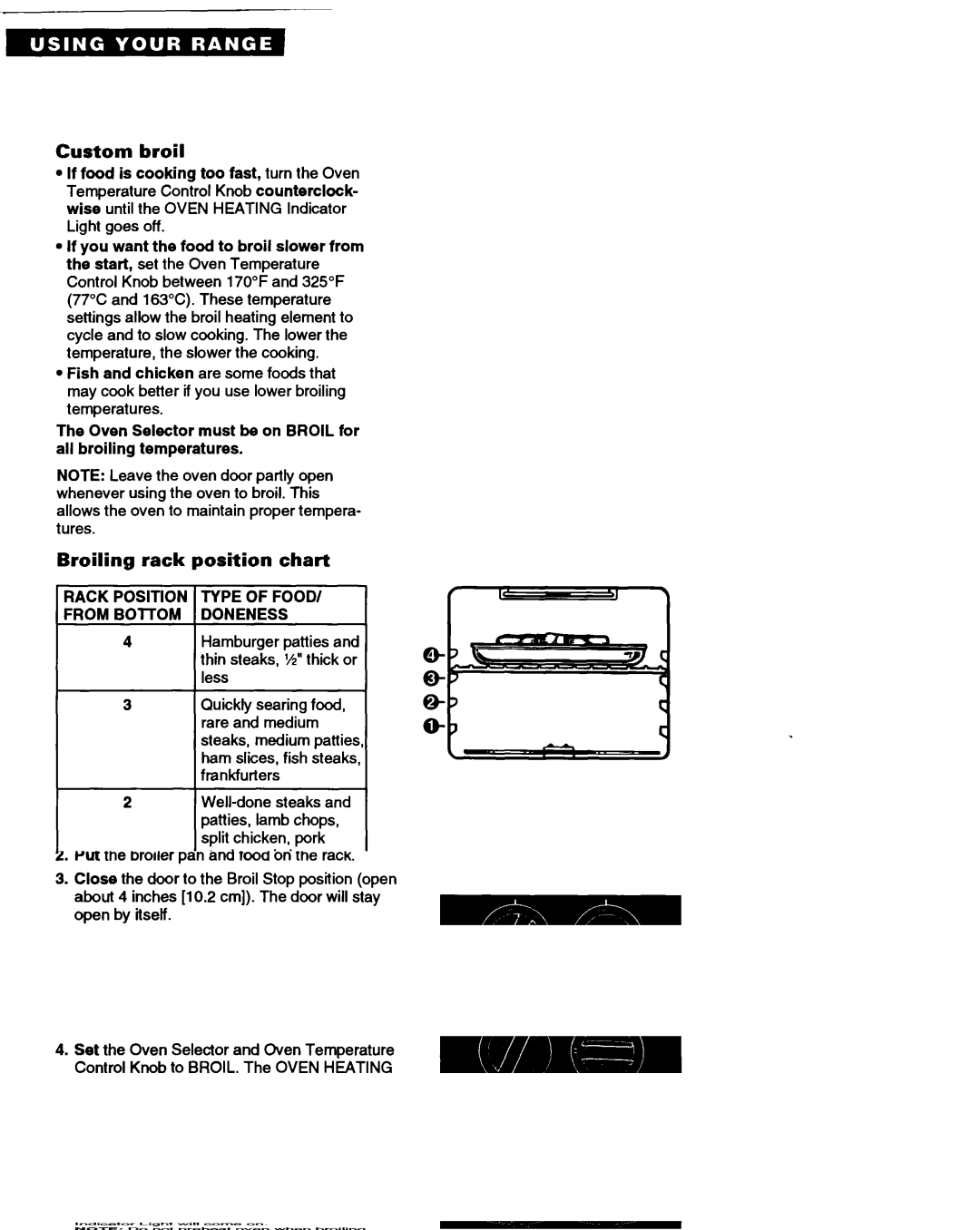 Whirlpool RF310PXA Custom broil, Broiling rack position chart, Rack Position Type of FOOD/ from BOlTOM Doneness 