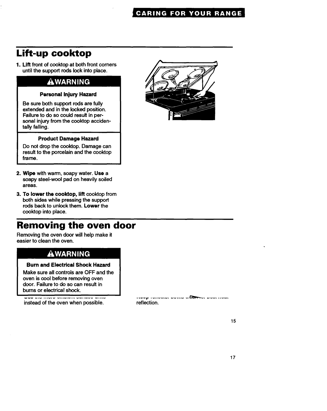 Whirlpool RF310PXA important safety instructions Lift-up cooktop, Removina the oven door, Electrical Shock Hazard 