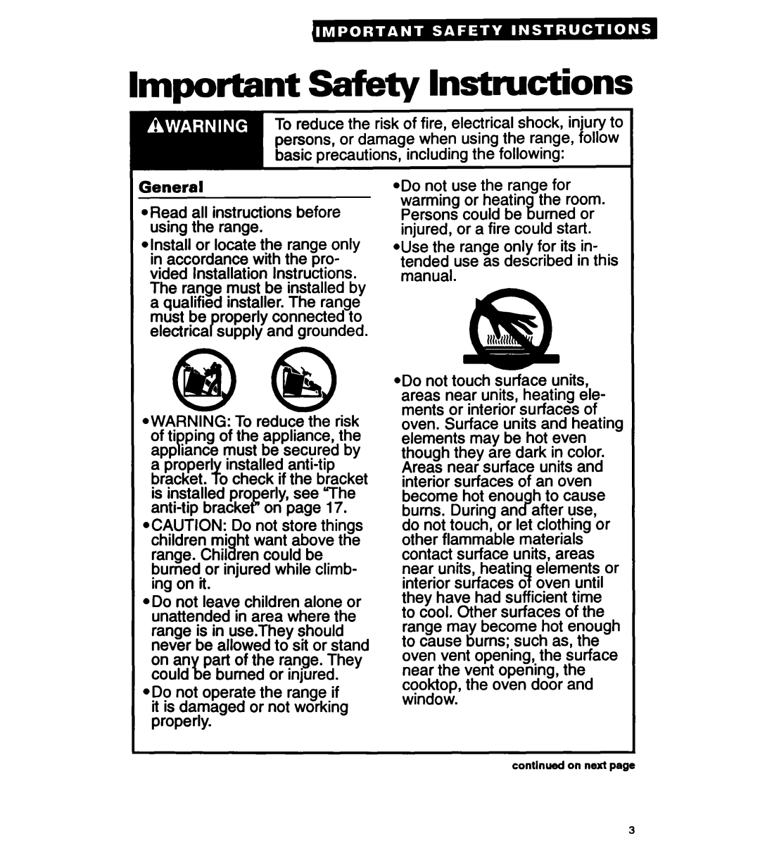 Whirlpool RF310PXA Important Safety Instructions, General @Readall instructions before using the range 