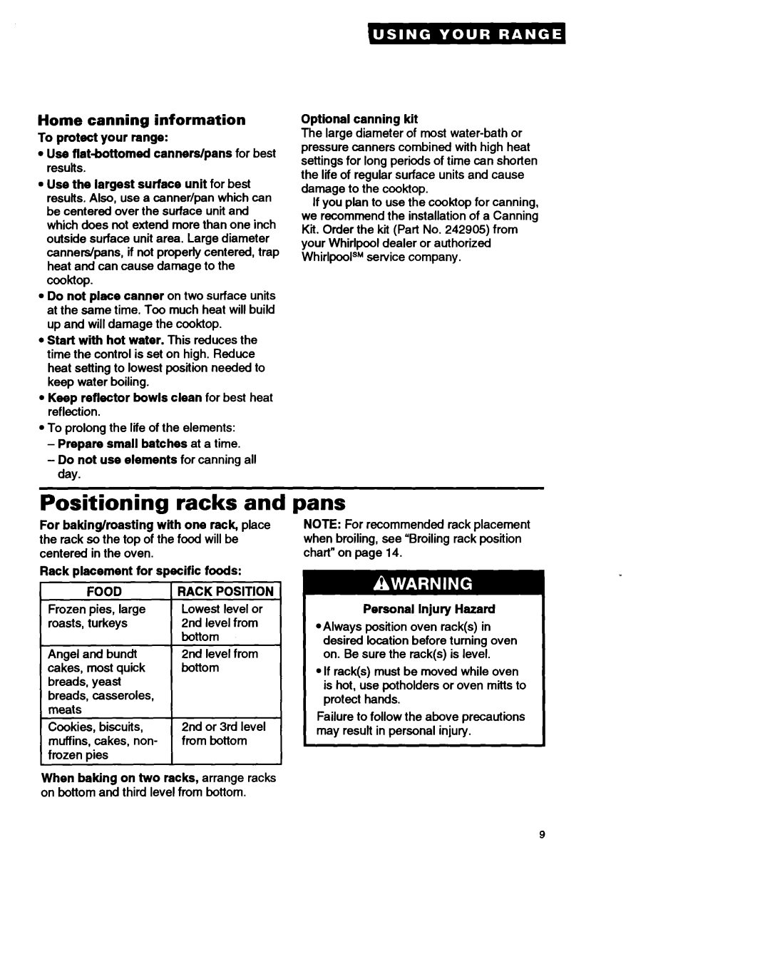 Whirlpool RF310PXA Positioning racks, Pans, Home canning information, Food, Personal Injury Hazard 