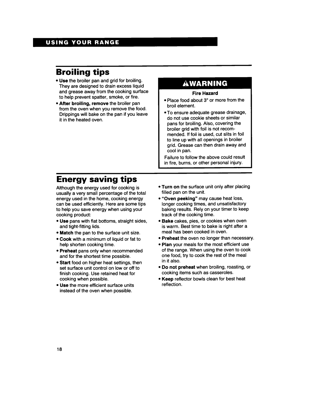 Whirlpool RF310PXD warranty Broiling tips, Energy saving tips 