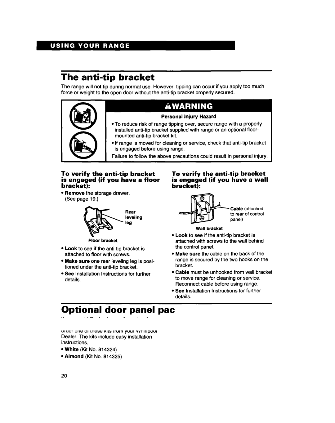 Whirlpool RF310PXD warranty Anti-tip bracket, Optional door panel pat, Remove the storage drawer. See 