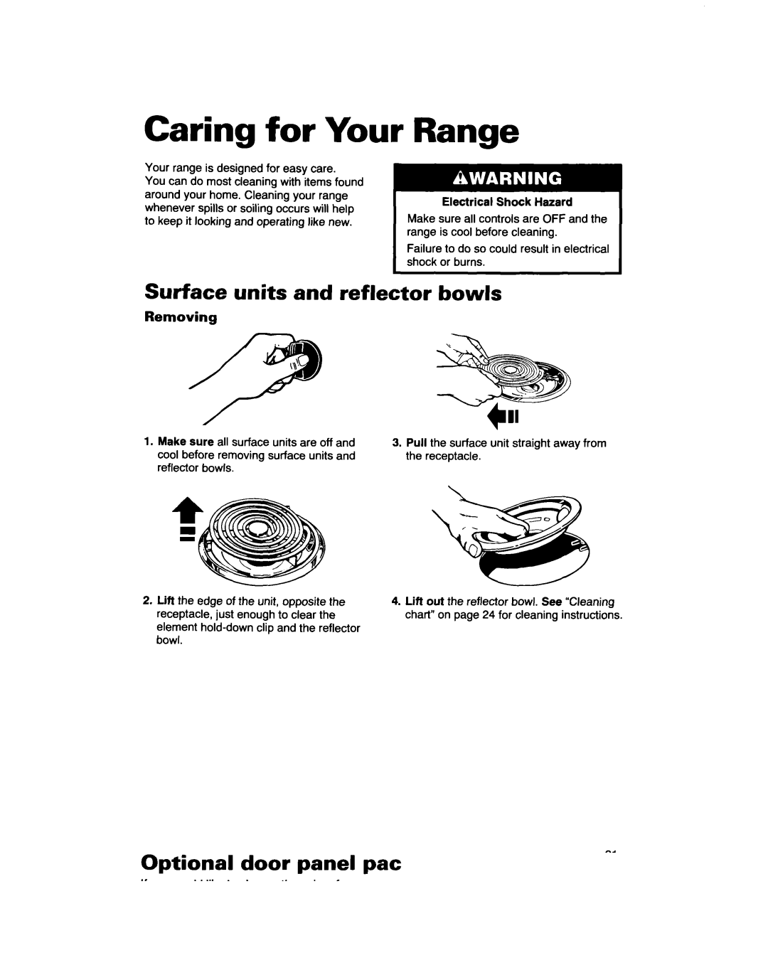 Whirlpool RF310PXD warranty Caring for Your, Range, Surface units and reflector bowls, Removing 