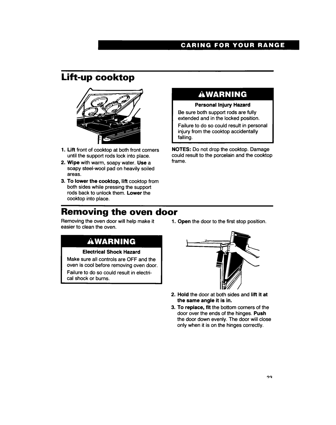 Whirlpool RF310PXD warranty Lift-up cooktop, Removing the oven door 