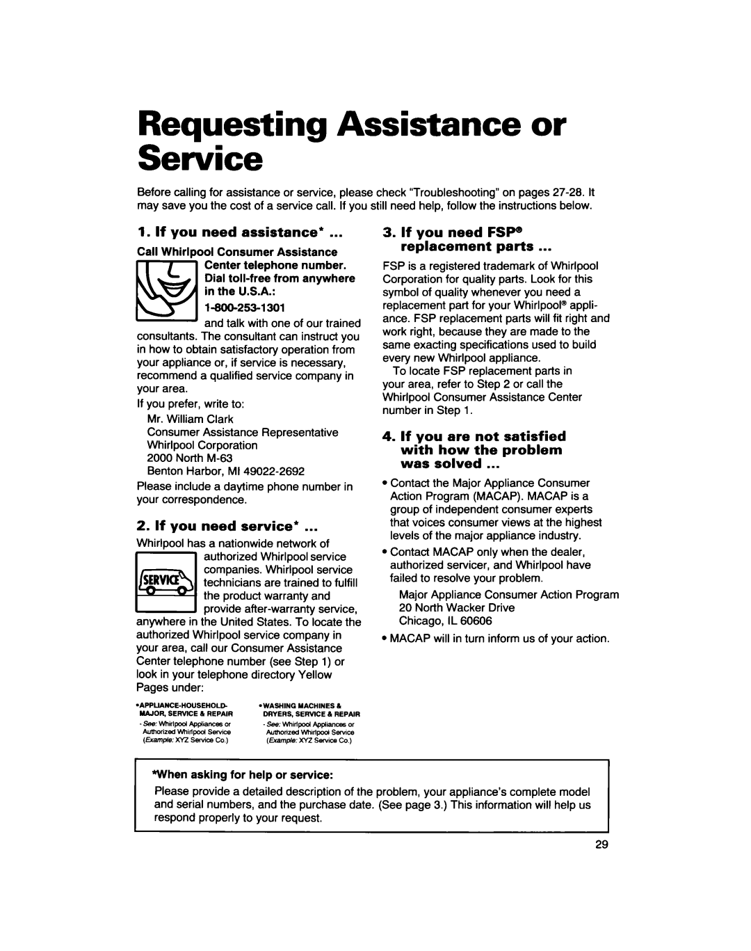 Whirlpool RF310PXD Reauestina Assistance or Serifice, If you Need, If you need service, If you need FSP Replacement parts 