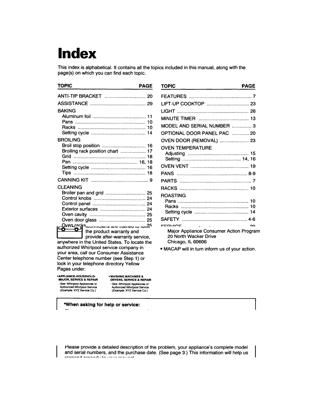 Whirlpool RF310PXD warranty Index 