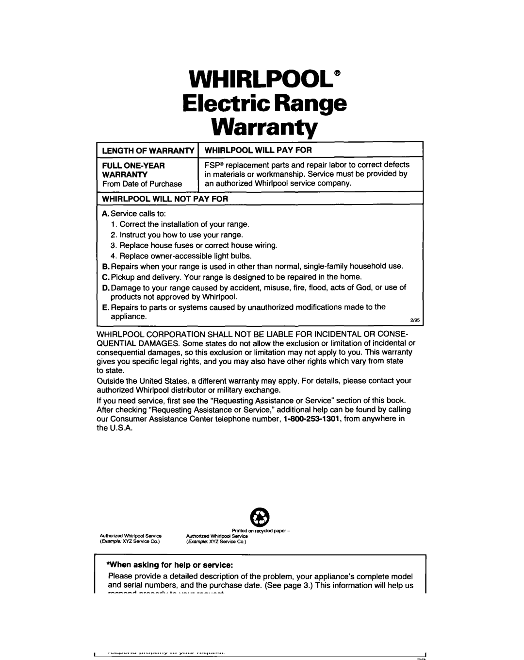 Whirlpool RF310PXD warranty Electric Range Warranty, Length of Warranty, From Date of Purchase, Whirlpool will PAY for 