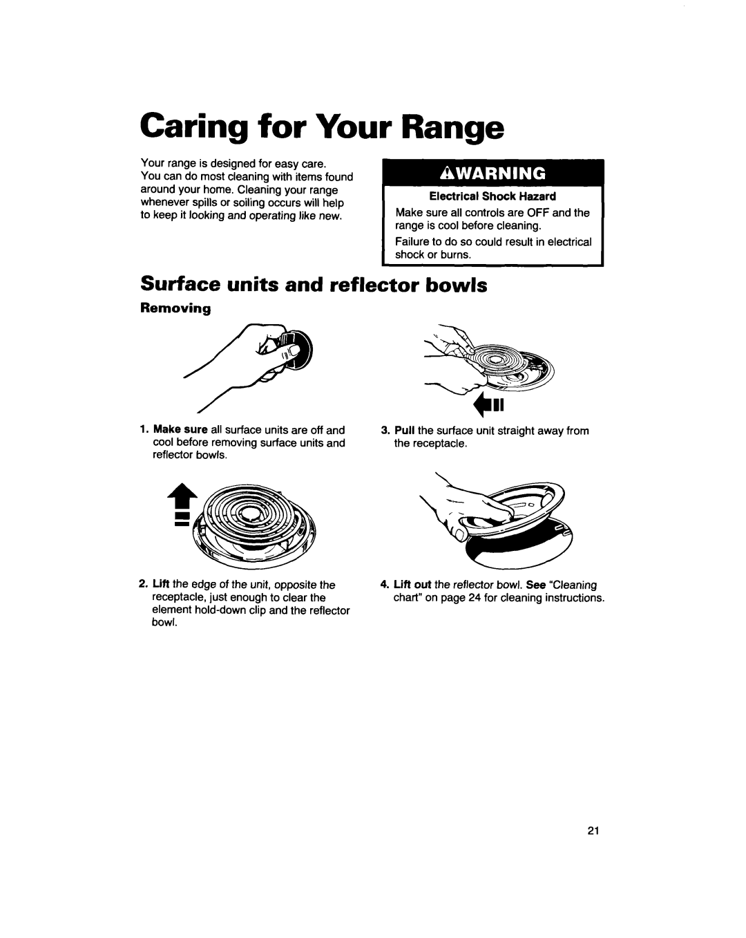 Whirlpool RF310PXD warranty Caring for Your, Range, Surface units and reflector bowls, Removing 