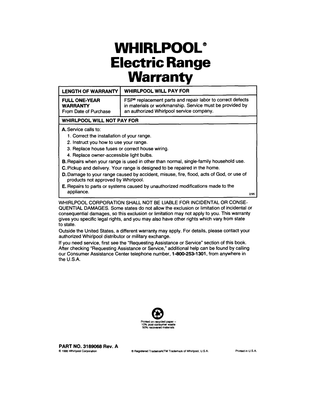 Whirlpool RF310PXD warranty WHIRLPOOL” Electric Range Warranty 