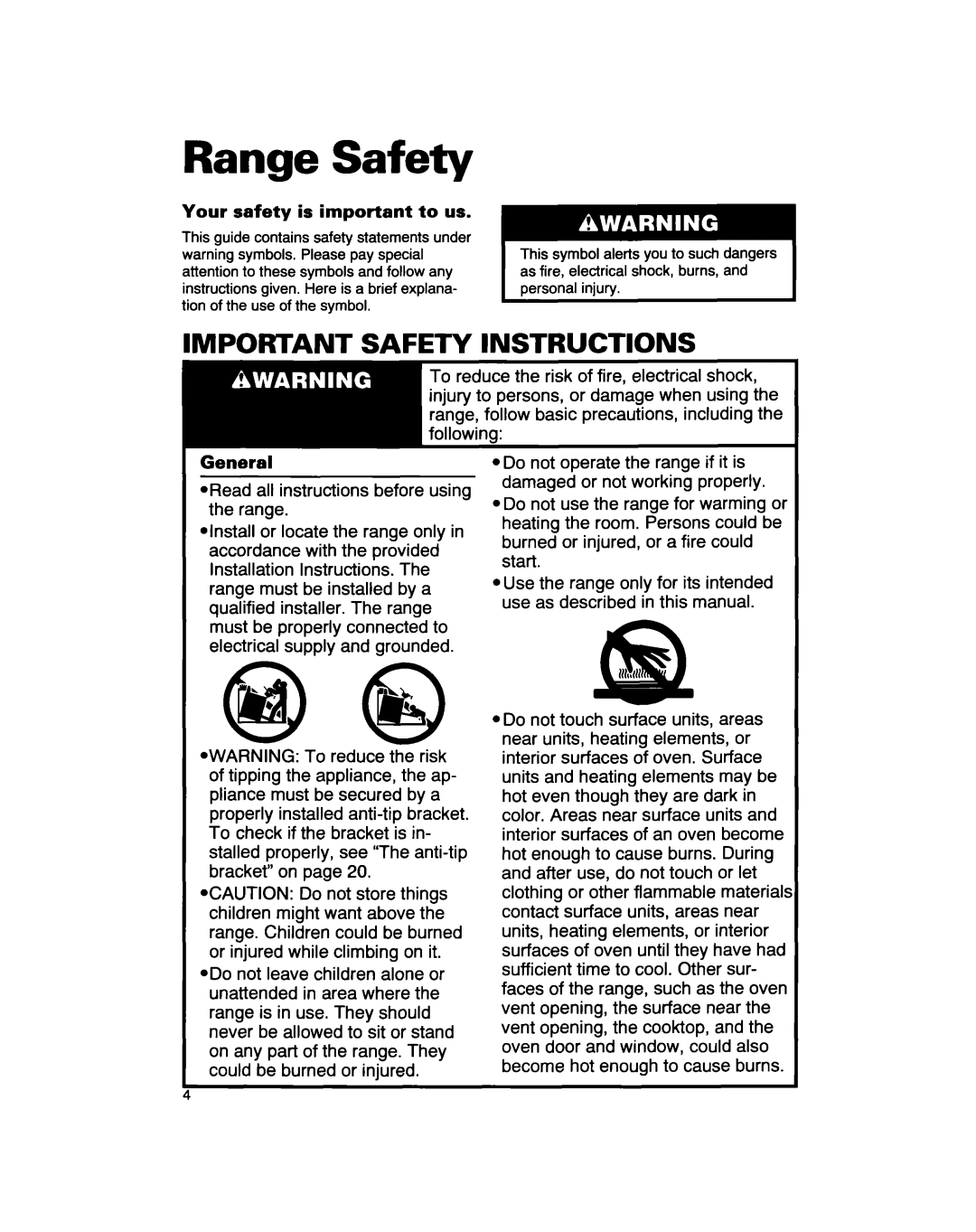 Whirlpool RF310PXD warranty Range Safety, Important Safety Instructions 