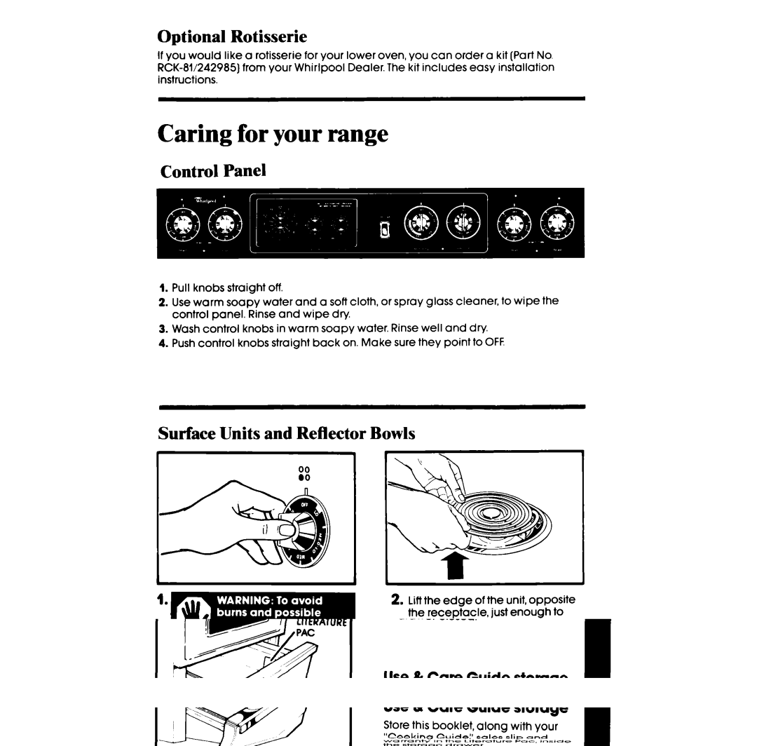 Whirlpool RF3120XP manual Optional Rotisserie, Control Panel, Surface Units and Reflector Bowls 