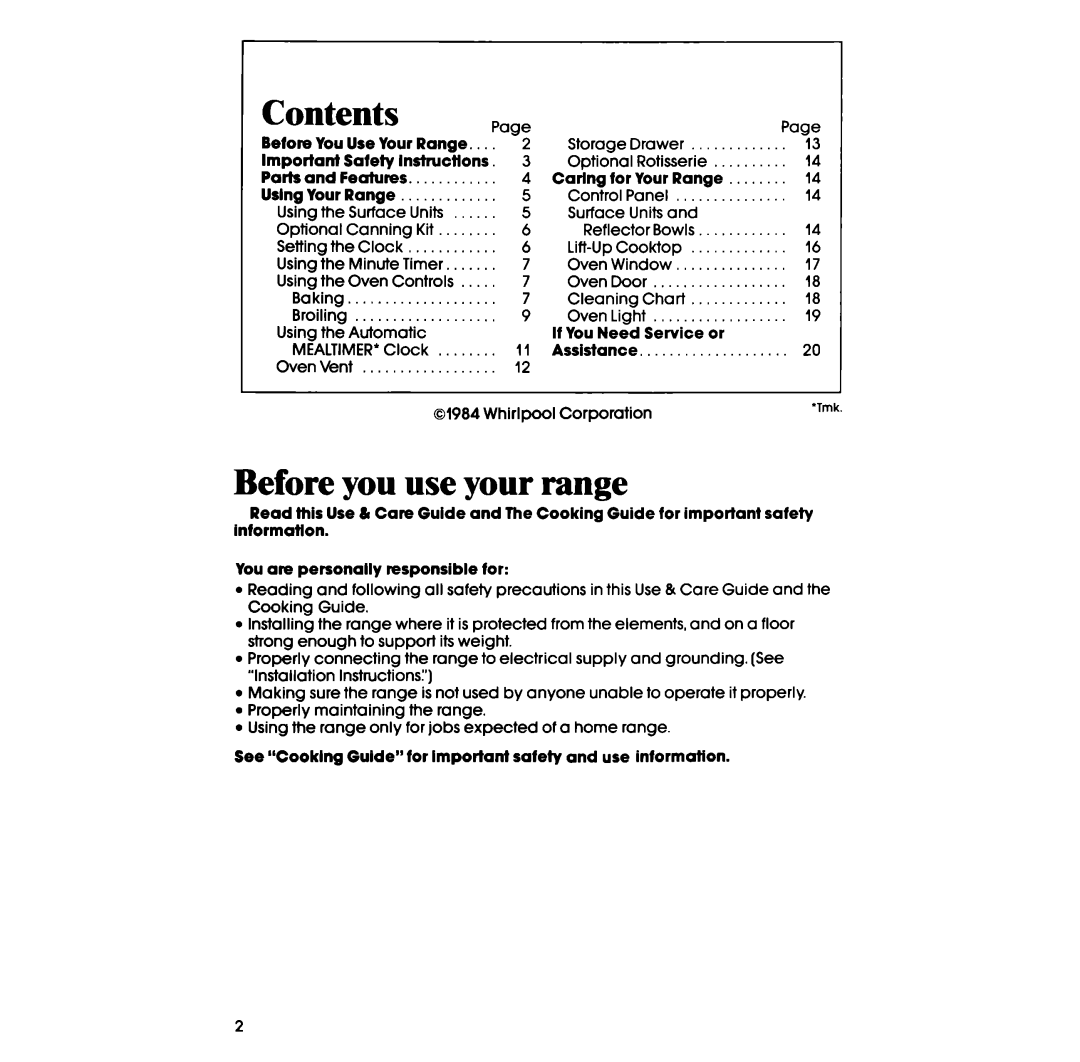 Whirlpool RF3120XP manual Before you use your range, 1Contents 