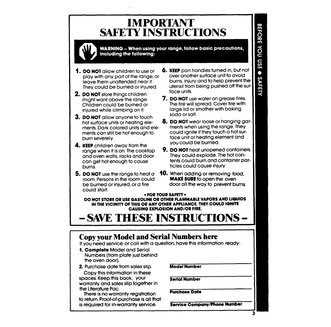 Whirlpool RF3120XP manual Saf’Ety Instructions, Saw These Instructions, Copy your Model and Serial Numbers here 