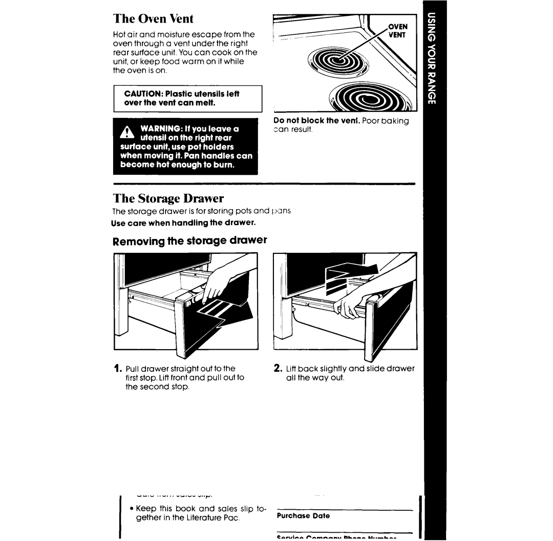 Whirlpool RF3100XV, RF313PXVT, RF310PXV manual Oven Vent, Storage Drawer, Removing the storage drawer 