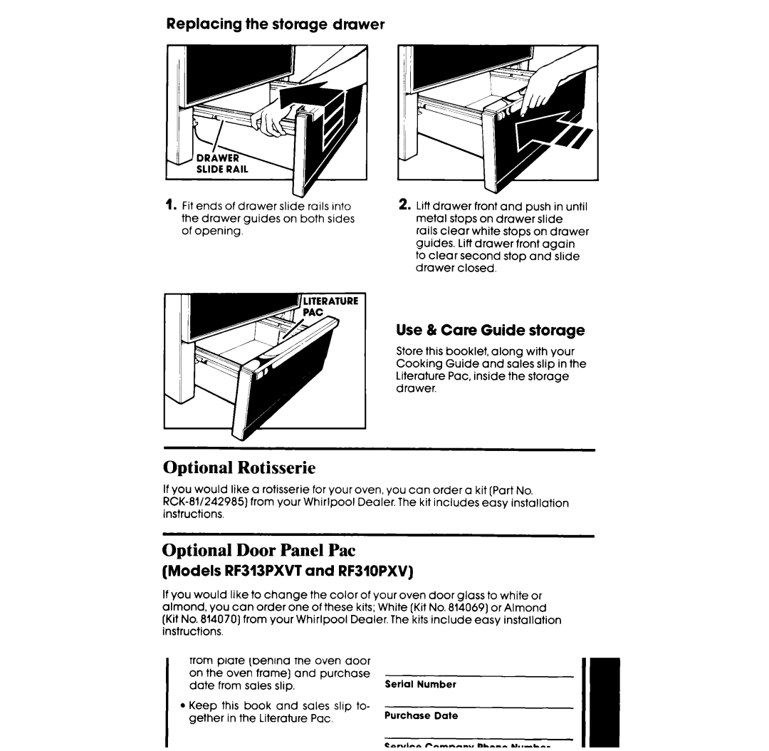 Whirlpool RF313PXVT Optional Rotisserie, Optional Door Panel Pat, Replacing the storage drawer, Use & Care Guide storage 