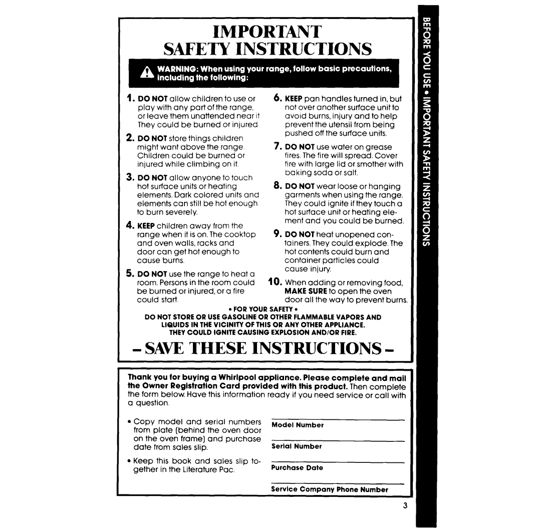 Whirlpool RF313PXVT, RF310PXV, RF3100XV manual Safety Instructions 