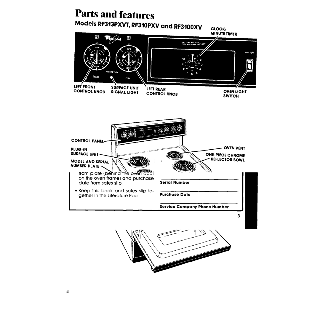 Whirlpool manual Parts and features, Models RF313PXVT, RF310PXV and RF3100XV 