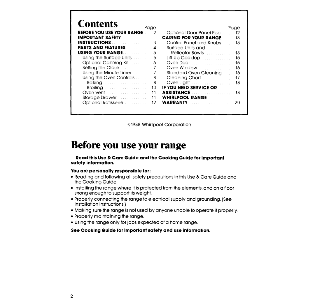 Whirlpool RF3100XV, RF313PXVT, RF310PXV manual Before you use your range, Contents 