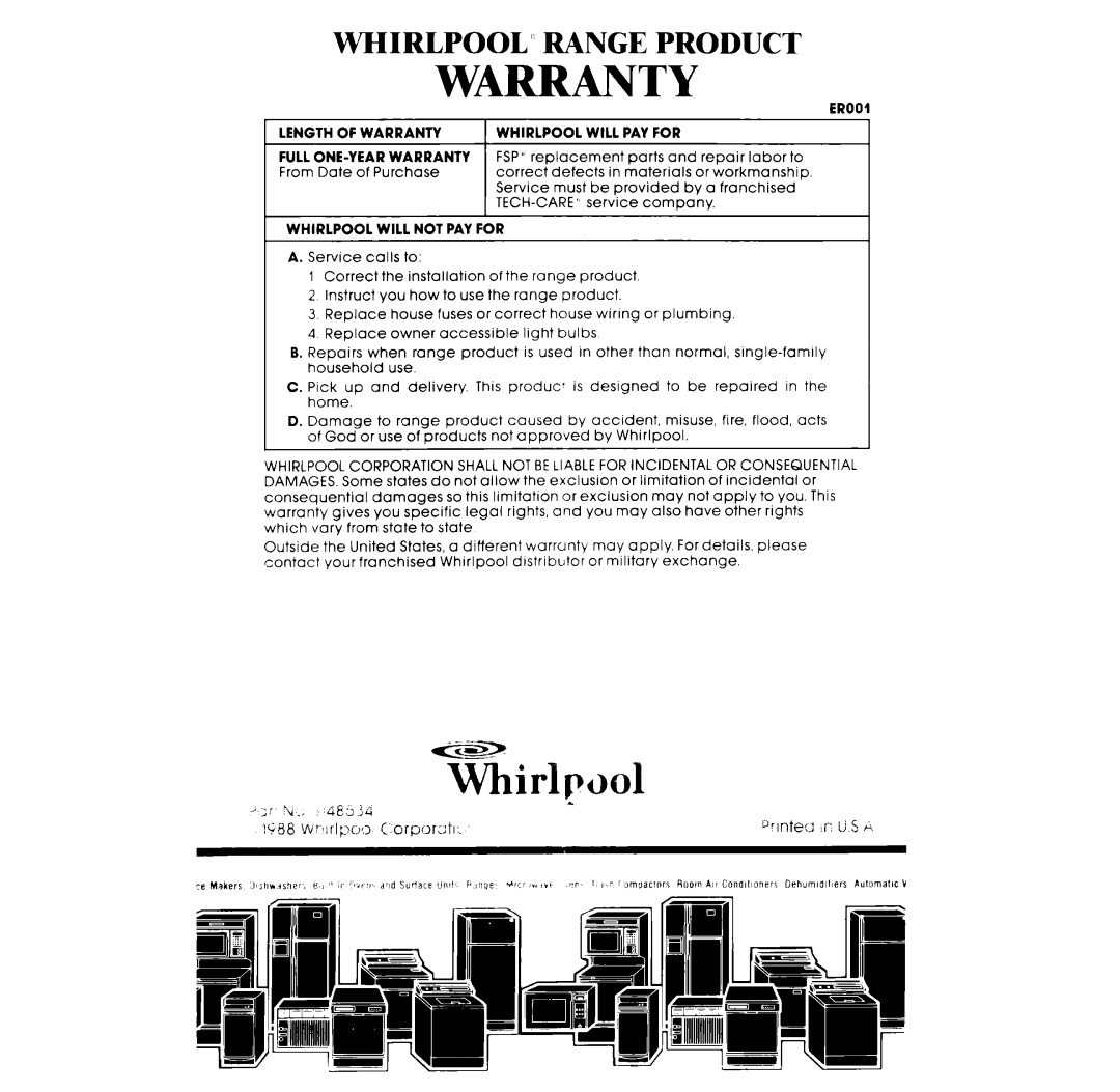 Whirlpool RF3100XV, RF313PXVT, RF310PXV manual Warranty, Whirlpml, Whirlpool’ Range Product 