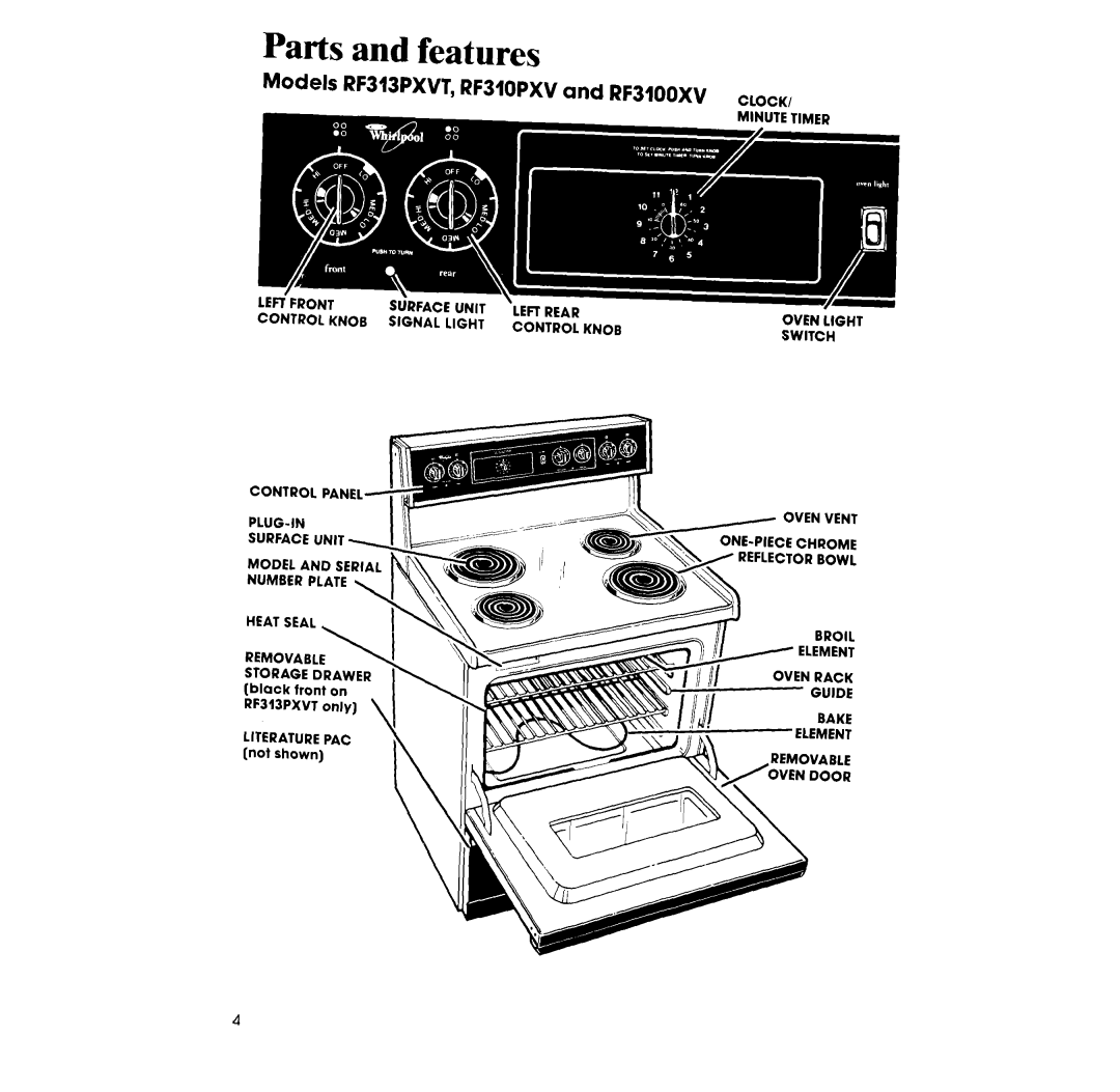 Whirlpool manual Parts and features, Models RF313PXVT, RF310PXV and RF3100XV, Ukuil 