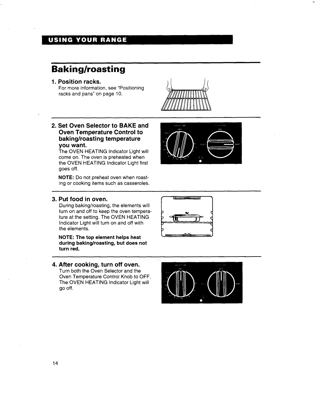 Whirlpool RF314BBD manual Baking/roasting, Position racks, Put food in oven, After cooking, turn off oven 