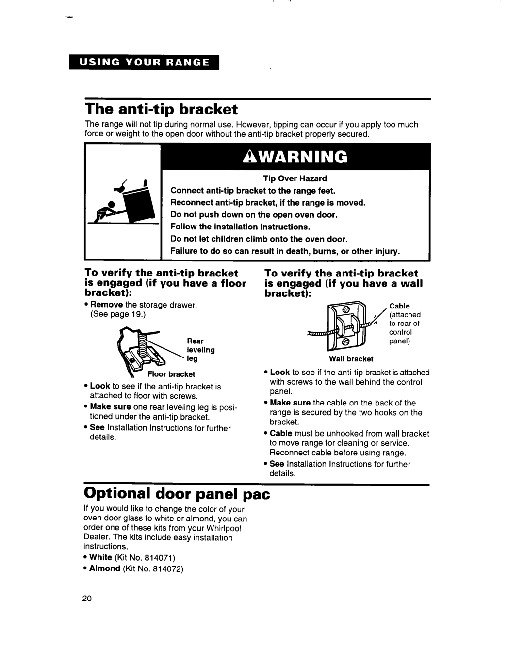 Whirlpool RF314BBD manual Anti-tip bracket, Optional door panel pat 