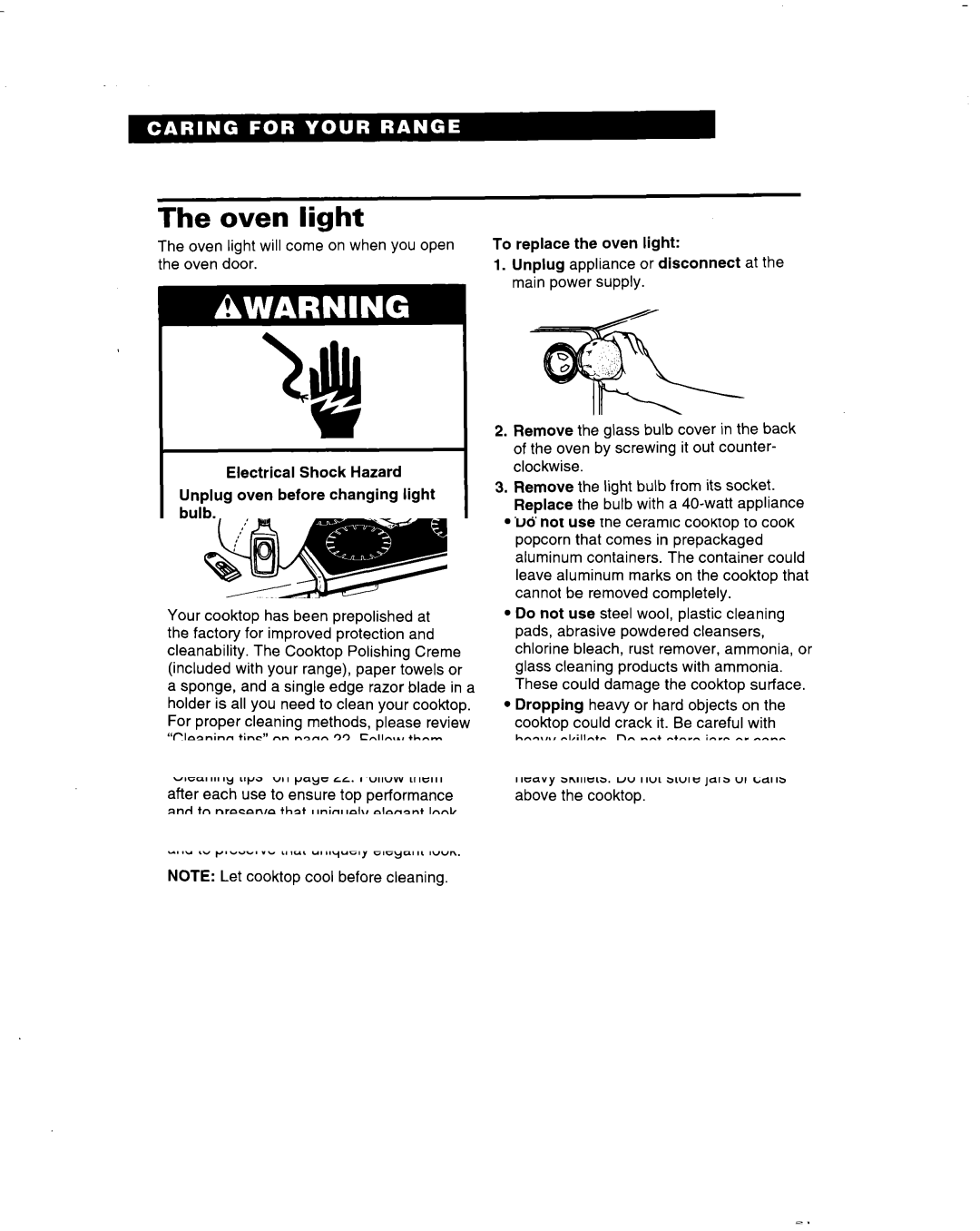 Whirlpool RF314BBD manual Oven light 