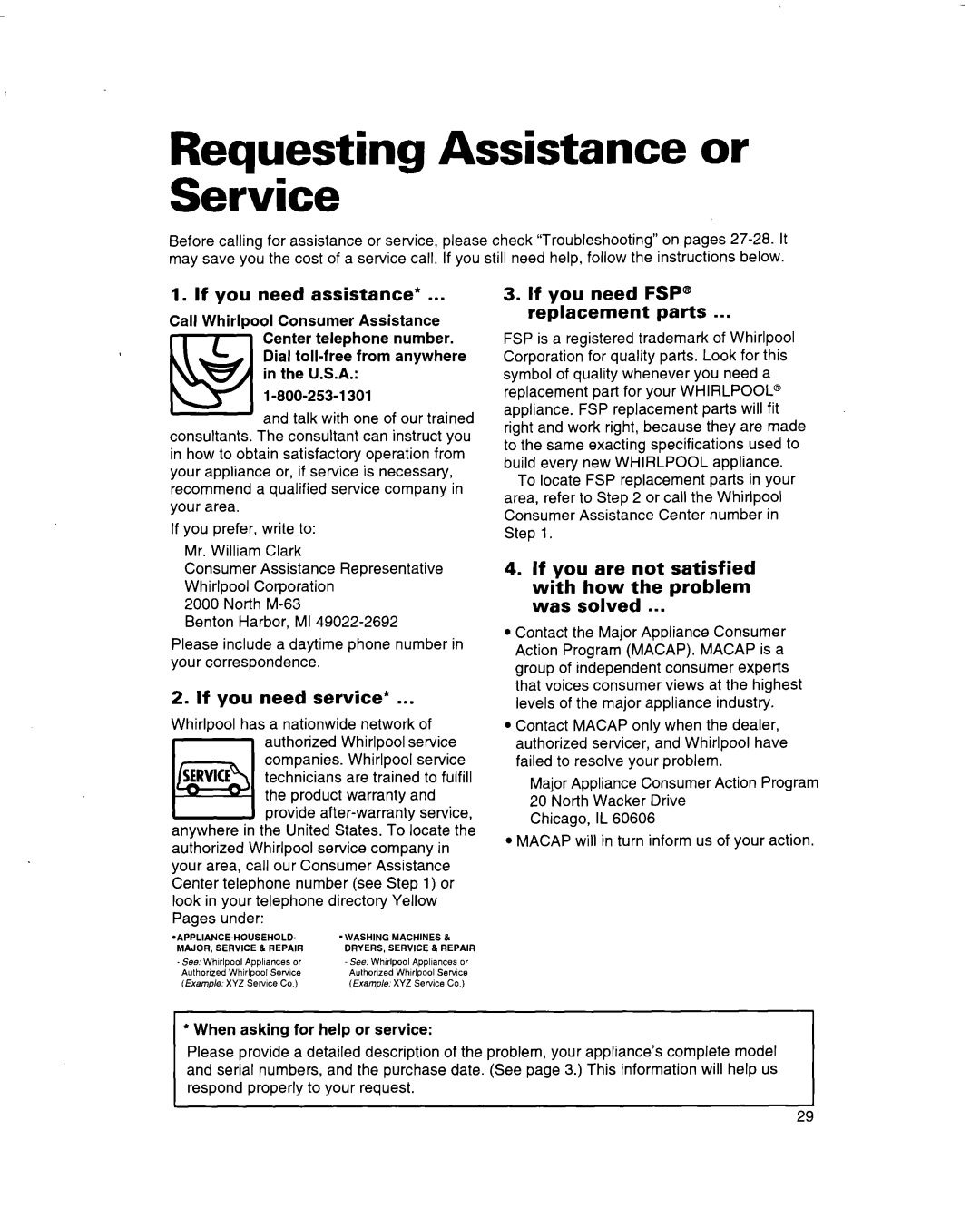 Whirlpool RF314BBD manual Requesting Assistance or Service, If you need assistance, If you need service 