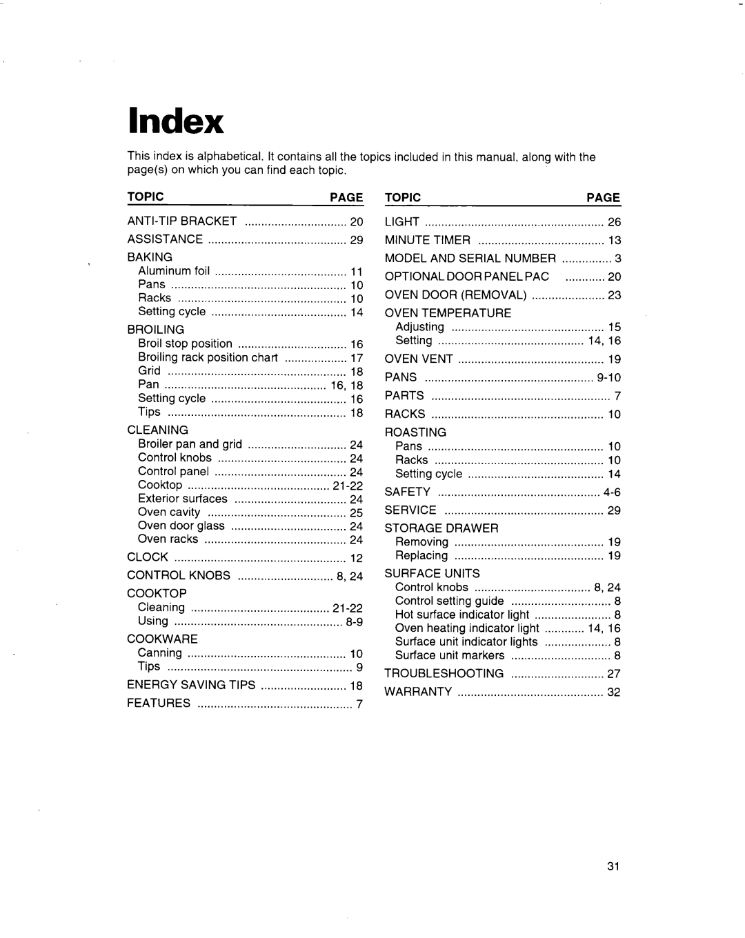 Whirlpool RF314BBD manual Index 