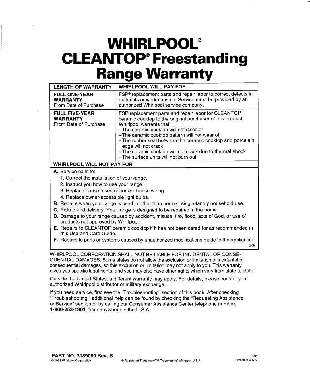 Whirlpool RF314BBD manual Cleantop Freestanding Range Warranty, Length of Warranty Whirlpool will PAY for Full ONE-YEAR 