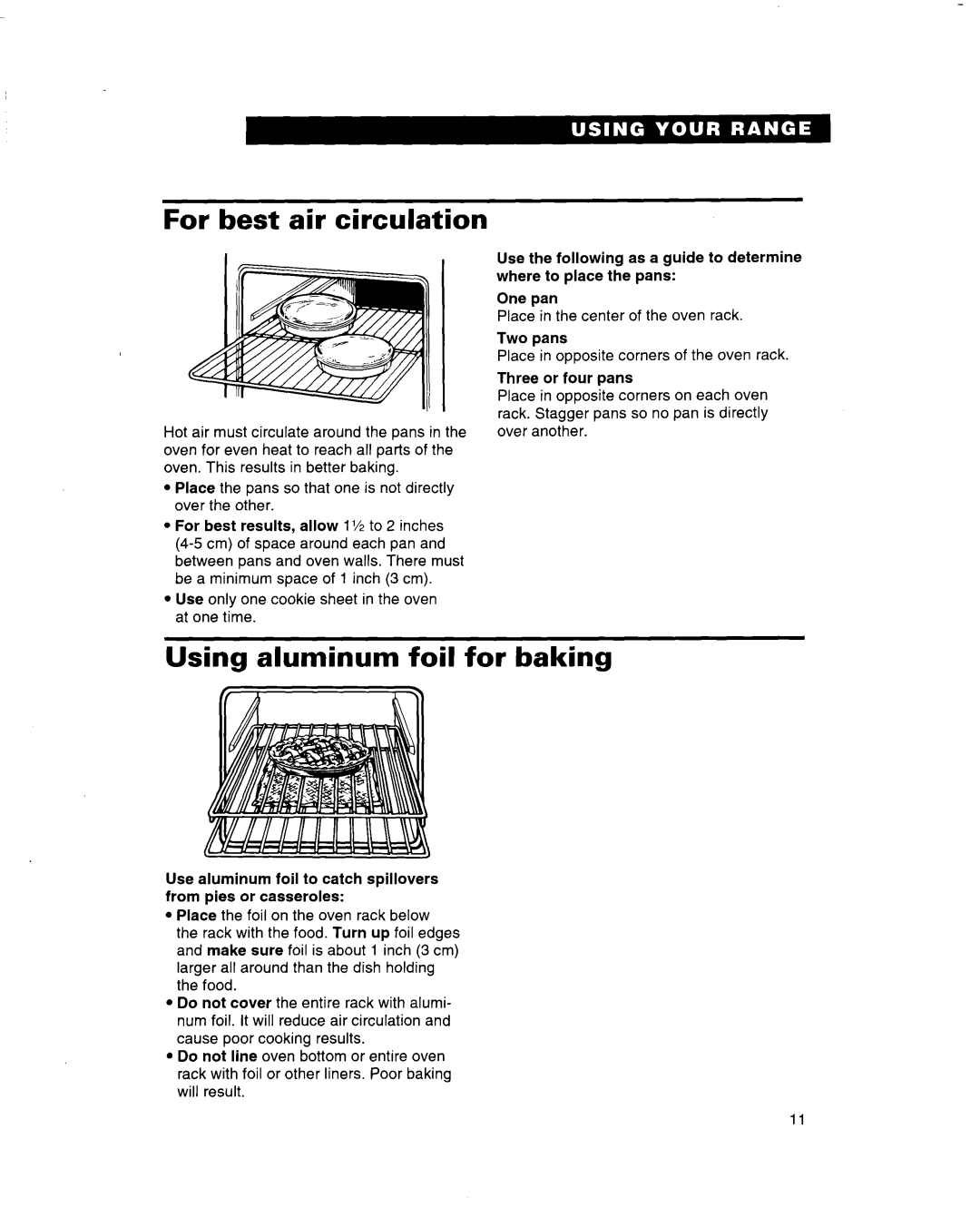 Whirlpool RF314BBD manual For best air circulation, Using aluminum foil for baking 