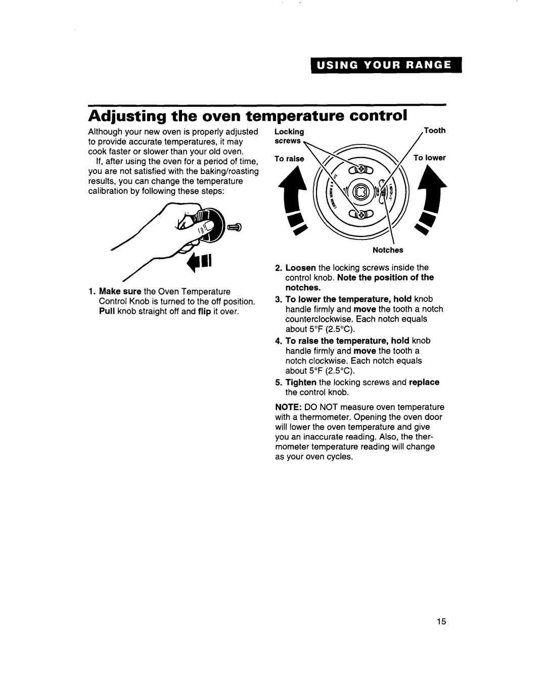 Whirlpool RF314BBD manual Adjusting the oven temperature control 