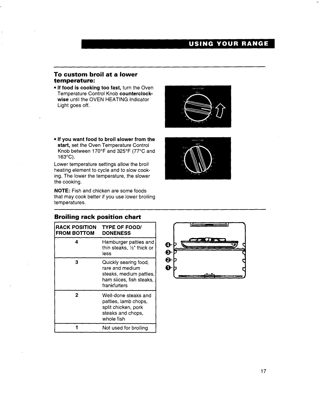 Whirlpool RF314BBD manual To custom broil at a lower temperature, Broiling rack position chart 