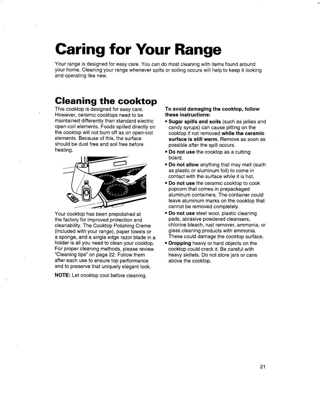 Whirlpool RF314BBD manual Caring for Your Range, Cleaning the cooktop 
