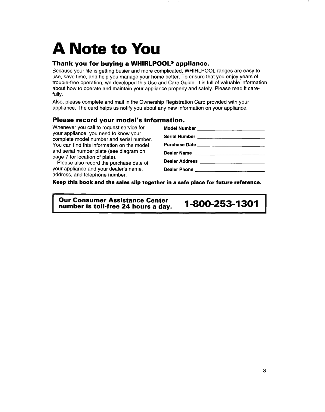 Whirlpool RF314BBD manual A Note to You, l-800-253 