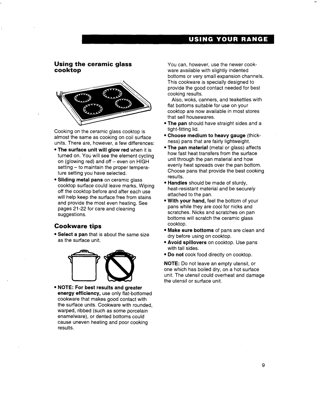 Whirlpool RF314BBD manual Using the ceramic glass cooktop, Cookware tips 