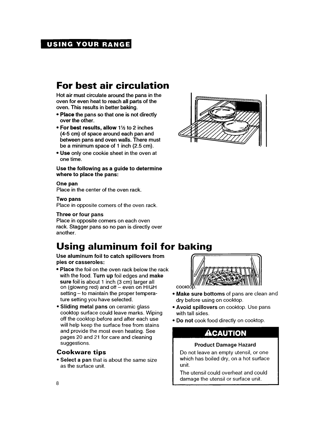 Whirlpool RF314BXB important safety instructions For best air circulation, Using aluminum foil for baking 