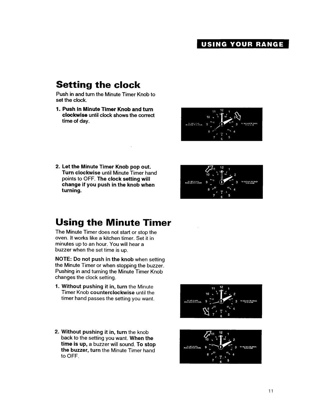 Whirlpool RF314BXB important safety instructions Setting the clock, Using the Minute Timer 