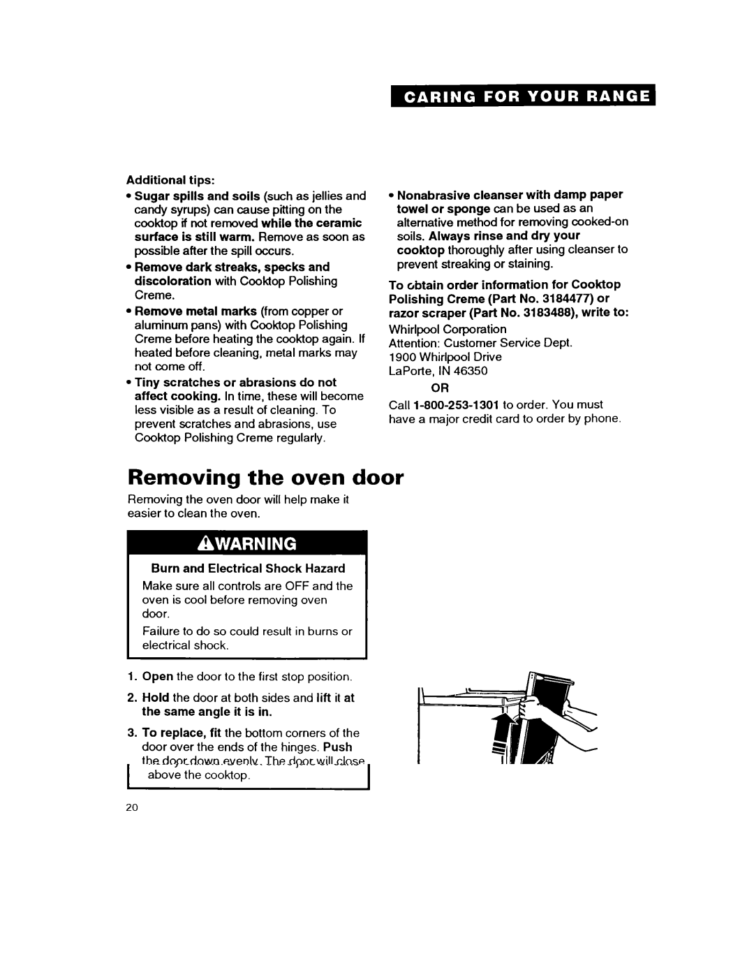 Whirlpool RF314BXB important safety instructions Removing the oven door 
