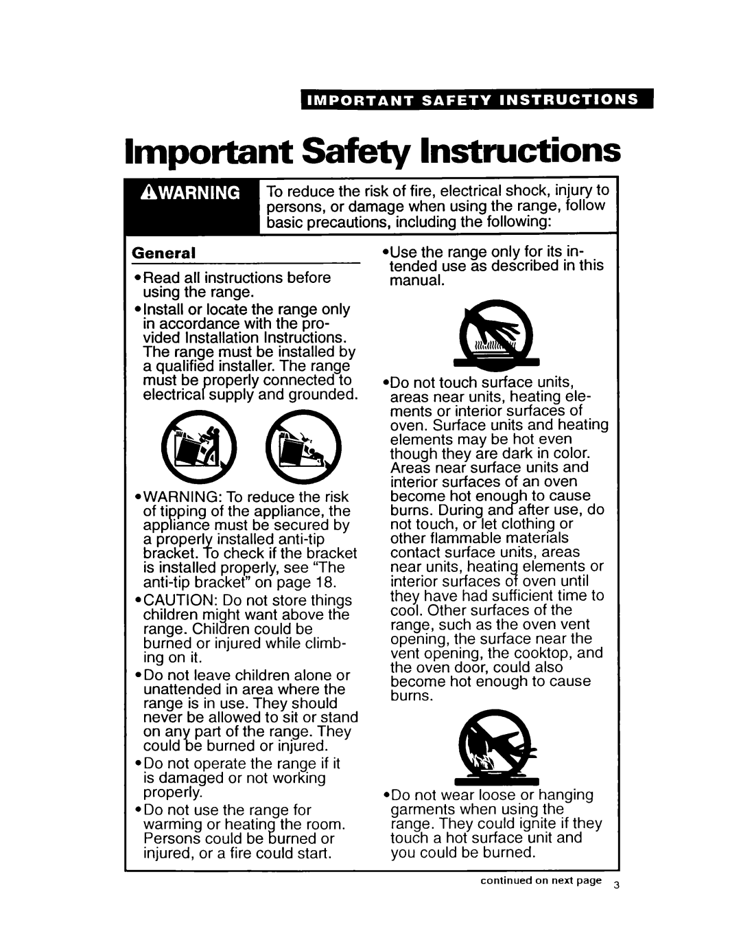 Whirlpool RF314BXB important safety instructions Important Safety Instructions, General 