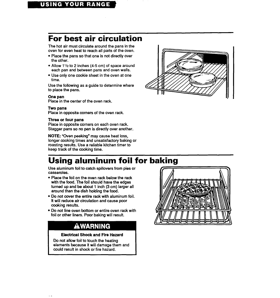 Whirlpool RF314PXY warranty For best air circulation, Using aluminum foil for baking, One pan, Two pans 