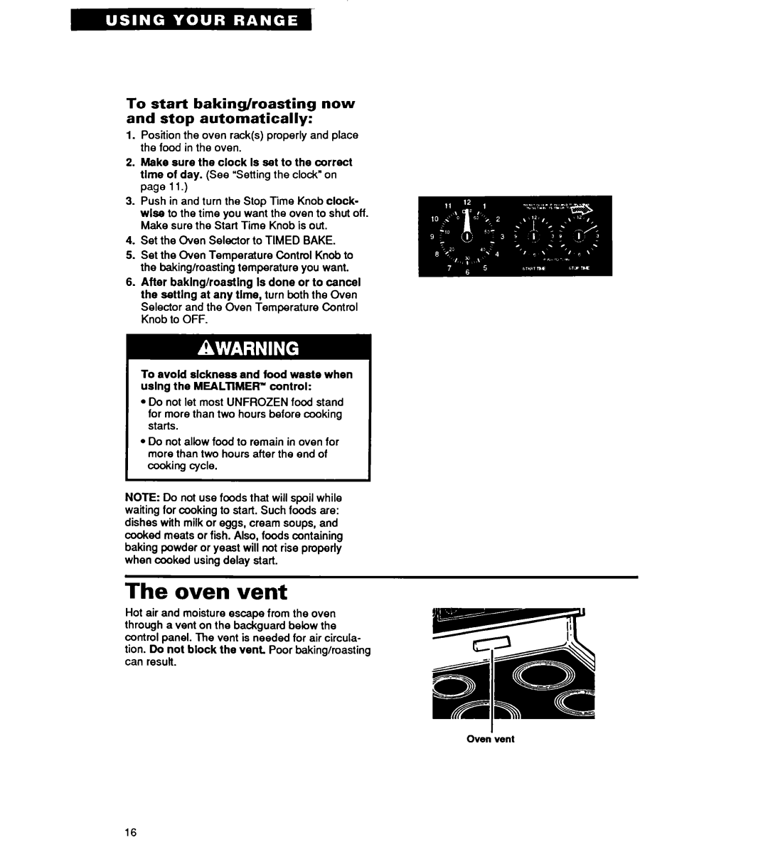 Whirlpool RF314PXY warranty Oven vent, To start baking/roasting now and stop automatically 