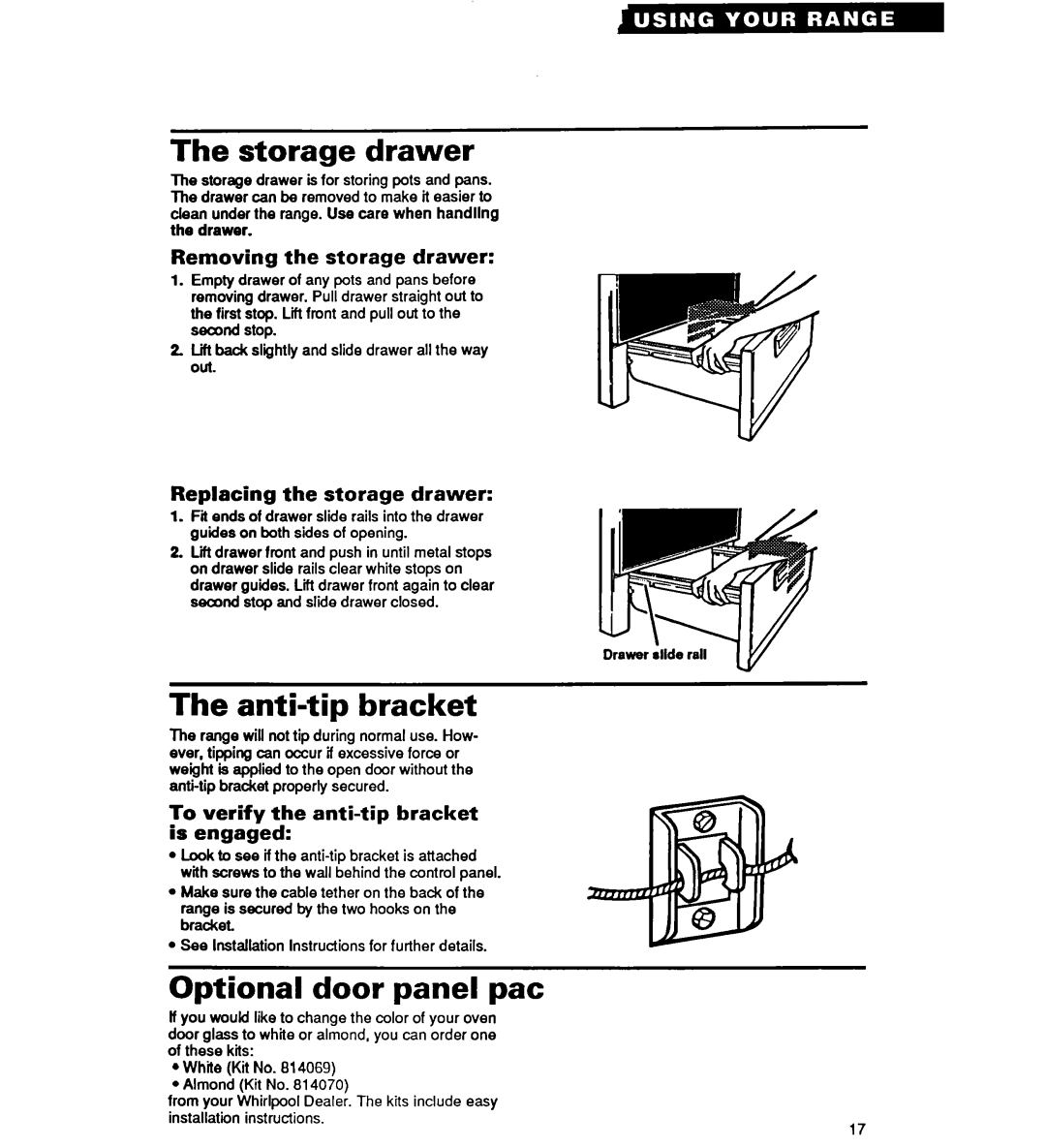 Whirlpool RF314PXY warranty Storage drawer, Anti-tip bracket, Optional door panel pat 