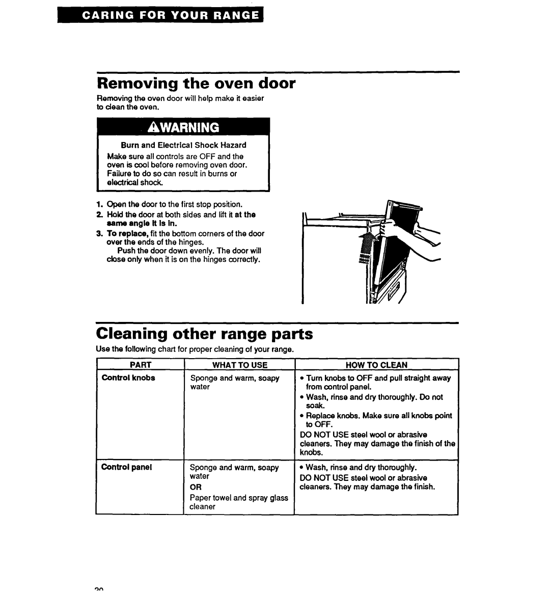 Whirlpool RF314PXY warranty Removing the oven door, Cleaning other range parts, Control knobs, Control panel 